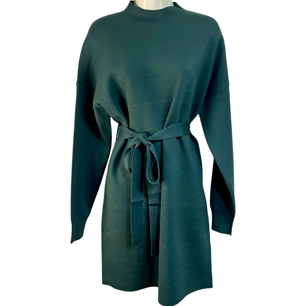 Boden US 10 sweater mini dress, long sleeves, crew neck, belt, green soft modal